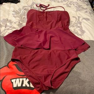 Maroon two piece bathing suit.